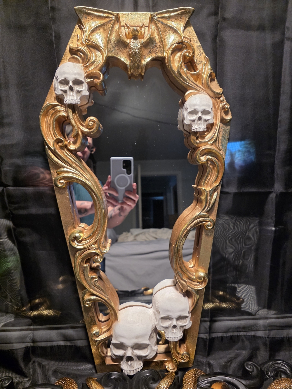 Christian Siriano Gold Coffin Mirror with White Skull Accents
